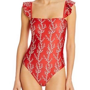 NWT Agua by Agua Bendita Red Coral Print One Piece Swimsuit Nativa Arrecife- XS